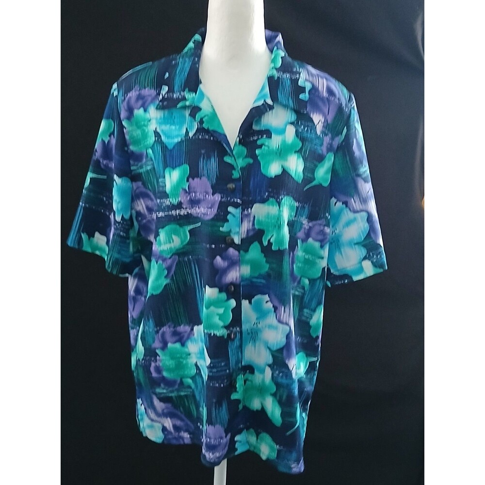 Alia Vibrant Green/Purple Floral Button Down Short Sleeve Top  12